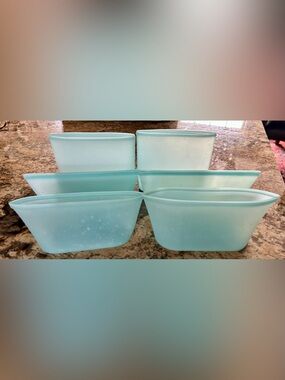 Set of 6 Zip Top reusable silicone blue food storage container, stands upright